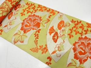 アンティーク　地紙に牡丹・朝顔模様織り出し　八寸帯地反物